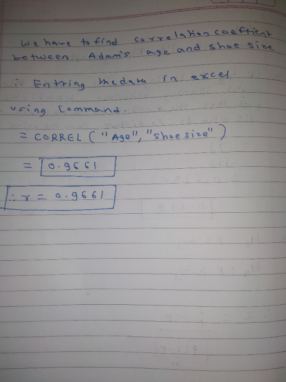We have to find I between Adam s correlation coeffient age and shoe size 1. Entring the data in excel using command so o n =