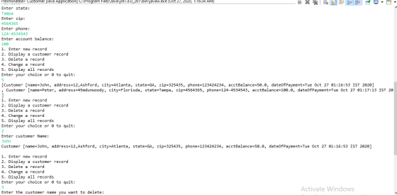 <terminated Customer (Java Application] C:\Program Files Vava jre1.8.0_201\binjavaw.exe (Oct 21, 2020, 1:16:34 AM) Enter stat