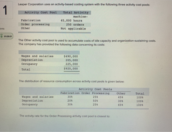 Leaper Corporation uses an activity-based costing system with the following three activity cost pools: Activity Cost Pool Fab
