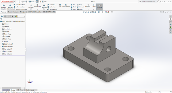 Part1 匯過 shall Hu Minor Features Sketch Evaluate DimXpertSOLIDWORKS Add-Is SOLIDWORKS MAD もPart1 (Default<<Default, Display History Sensors Al Anmutaticns rrent Plare ] Top Plane Right Plane ij Boss-Extrude 1 ト Cut-txt/Udel Cut-Extrude2 Cut-Extrude3 Model 3D Views Mctiun S t. D ate fer list to increase performan Editira Part PS