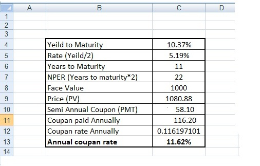 Yeild to Maturity Rate (Yeild/2) Years to Maturity NPER (Years to maturity*2) Face Value Price (PV) Semi Annual Coupon (PMT)