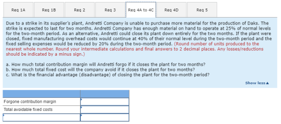 Req 1A Reg 1B Req 2 Req 3 Reg 4A to 4C Req 4D Reg 5 Due to a strike in its suppliers plant, Andretti Company is unable to pu
