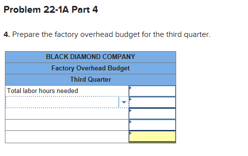 Problem 22-1A Part 4 4. Prepare the factory overhead budget for the third quarter. BLACK DIAMOND COMPANY Factory Overhead Bud
