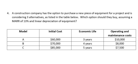 4. A construction company has the option to purchase a new piece of equipment for a project and is considering 3 alternatives