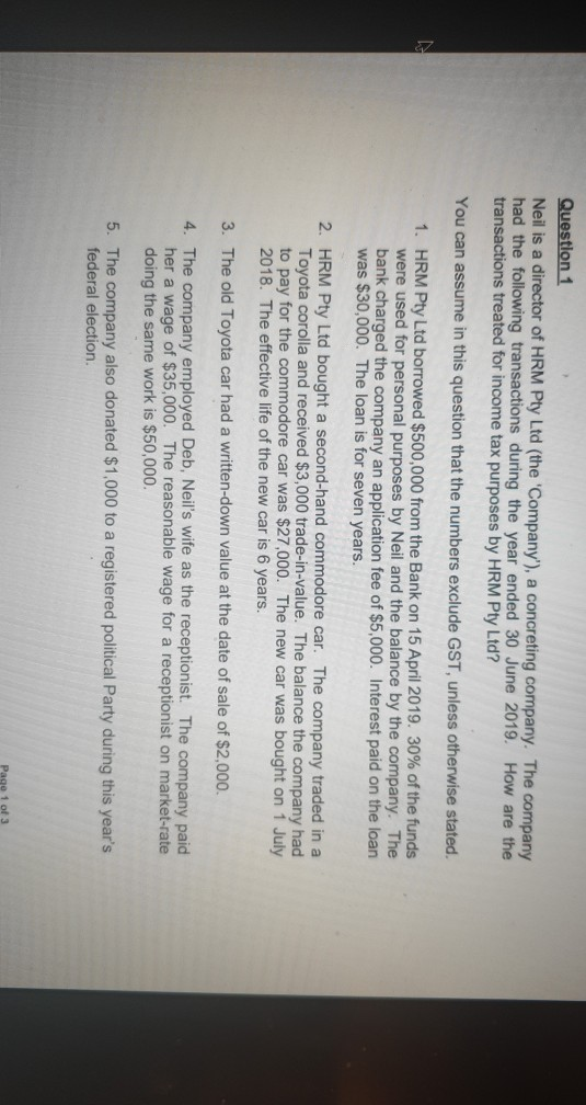 Question 1 Neil is a director of HRM Pty Ltd (the Company), a concreting company. The company had the following transactions