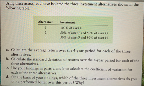 Using these assets, you have isolated the three investment alternatives shown in the following table. Alternative Investment 100% of asset F 50% of asset F and 50% of asset G 50% of asset F and 50% of asset H a. Calculate the average return over the 4-year period for each of the three b. Calculate the standard deviation of returns over the 4-year period for each of the c. Use your findings in parts a and b to calculate the coefficient of variation for d. On the basis of your findings, which of the three investment alternatives do you alternatives. three alternatives. each of the three alternatives. think performed better over this period? Why?