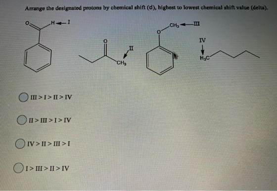 Arrange the designated protons by chemical shift (d), highest to lowest chemical shift value (delta). CH, III IV H2C CH3 III