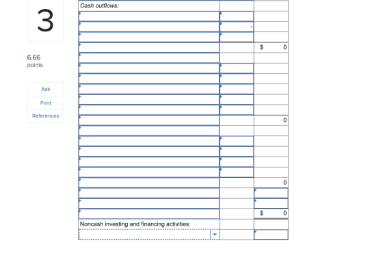 Cash outflows: 6.66 points Ask Print References $ 0 Noncash investing and financing activities: