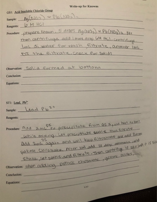Write-up for Knowns GSI: Acid Insoluble Chloride Group Sample: AgNO3 Pb(NO Reagents: 6 M HC prepare known. 5 drops Ag (NO2) P