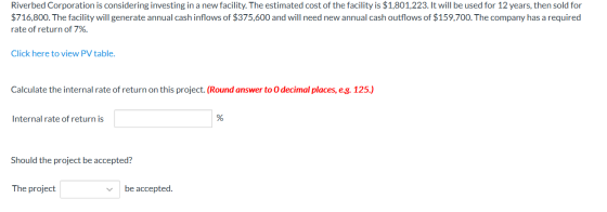 Riverbed Corporation is considering investing in a new facility. The estimated cost of the facility is $1,801,223. It will be