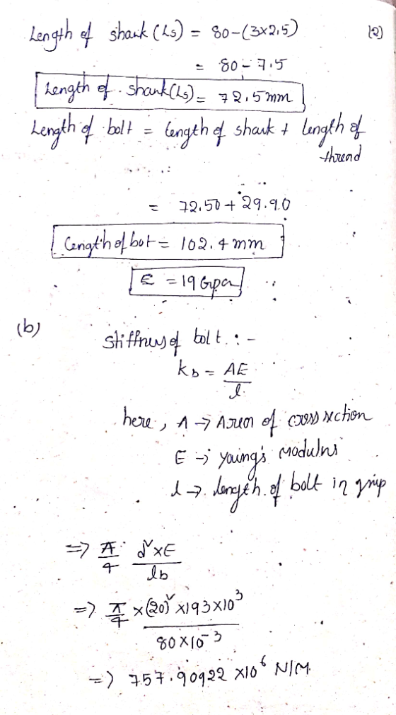 Length of shack (25) = 80-(3x2,5) : 123 = 80-715 Thength of shank (ks) = 72.5mm Length of bolt = length of shauk + length of