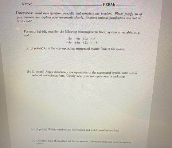 Name PERM Directions Read Each Question Carefully And Complete The 