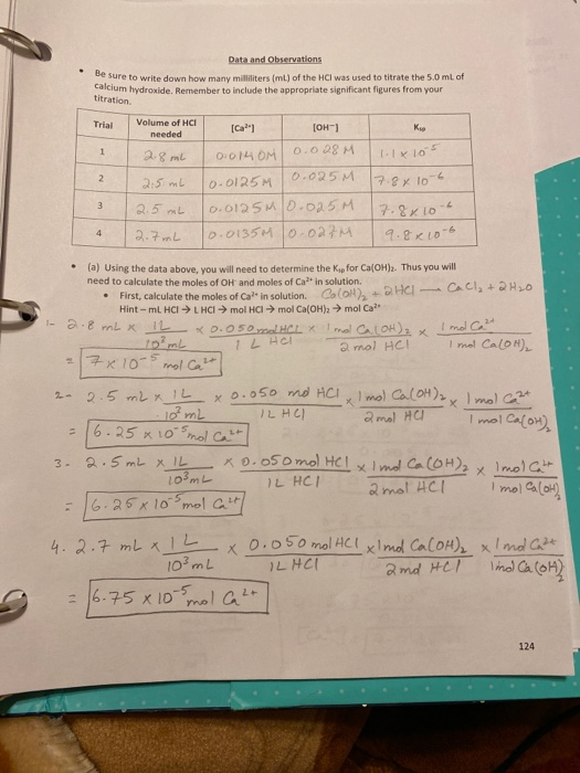 Data and Observations be sure to write down how many milliliters (ml) of the HCl was used to titrate the 5.0 ml of calcium hy