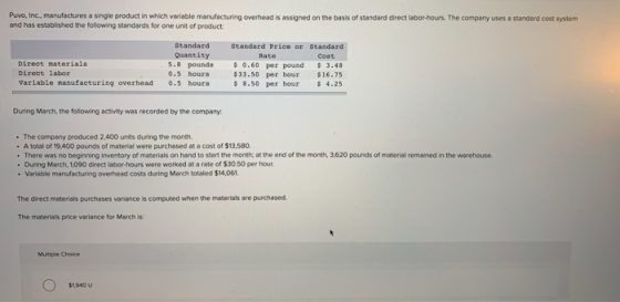 Puvo, Inc., manufactures a single product in which variable manufacturing overhead is assigned on the basis of standard direc