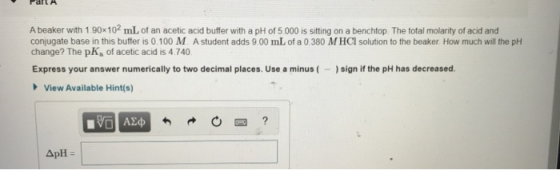 Pall A beaker with 1 90x102 mL of an acetic acid buffer with a pH of 5.000 is sitting on a benchtop. The total molarity of ac