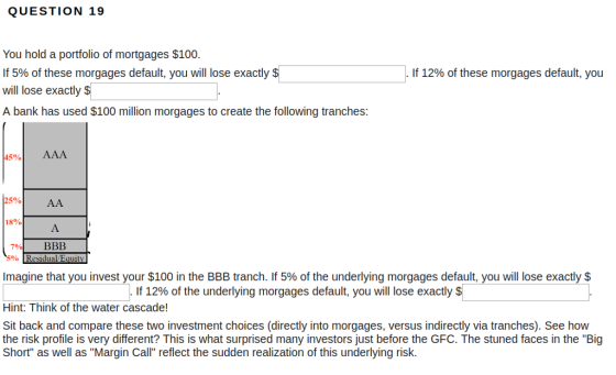 QUESTION 19 You hold a portfolio of mortgages $100. 115% of these morgages default, you will lose exactly $ will lose exactly S A bank has used $100 million morgages to create the following tranches: If 12% of these morgages default, you 45%) AAA 25%) AA 18% 7% BBB 5% Residual Equit Imagine that you invest your $100 in the BBB tranch·115% of the underlying morgages default, you will lose exactly Hint: Think of the water cascade! . If 12% of the underlying morgages default, you will lose exactly $ Sit back and compare these two investment choices (directly into morgages, versus indirectly via tranches). See how the risk profile is very different? This is what surprised many investors just before the GFC. The stuned faces in the Big Short as well as Margin Call reflect the sudden realization of this underlying risk.