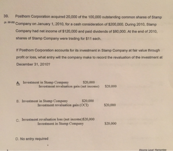 39. Posthorn Corporation acquired 20,000 of the 100,000 outstanding common shares of Stamp (p. 58-59) Company on January 1, 2