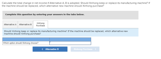 Calculate the total change in net income if Alternative A, B is adopted. Should Xinhong keep or replace its manufacturing mac