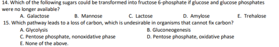 14. Which of the following sugars could be transformed into fructose 6-phosphate if glucose and glucose phosphates were no lo