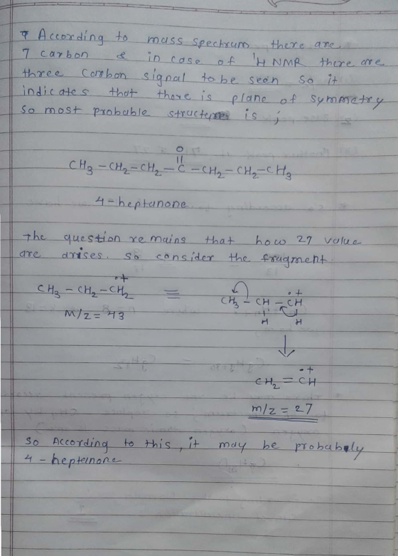 a According to mass spectrum there are a 7 carbon & in case of H NMR there are three Corobon signal to be seen so it indicat