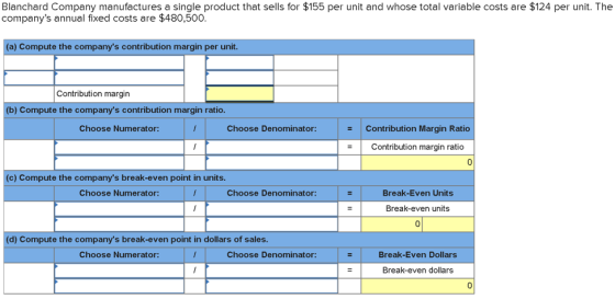 Blanchard Company manufactures a single product that sells for $155 per unit and whose total variable costs are $124 per unit