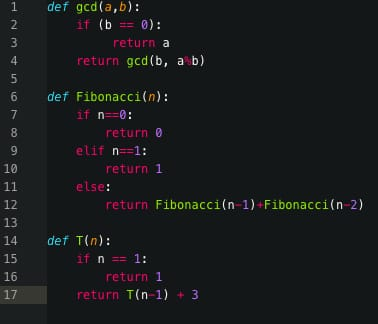 def ged(a,b): if (b == 0): return a return ged(b, a b) def Fibonacci(n): if no: return 0 elit n=1: return 1 else: return Fibo