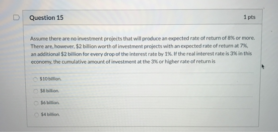 1 pts Question 15 Assume there are no investment projects that will produce an expected rate of return of 8% or more. There a