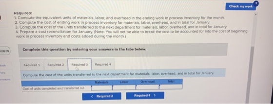 Check my work Required: 1. Compute the equivalent units of materials, labor, and overhead in the ending work in process inven