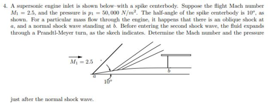 4. A supersonic engine inlet is shown below-with a spike centerbody. Suppose the flight Mach number M1 = 2.5, and the pressur