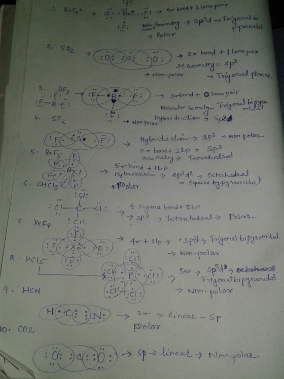 : Mole → Polar 2. S0 →Trigonal plane onal plons →Non-polar 3. .BA 3 4. SF2 → Nompolan →Hon polar- s-bond + ルP う8p342う。 千.s.gr