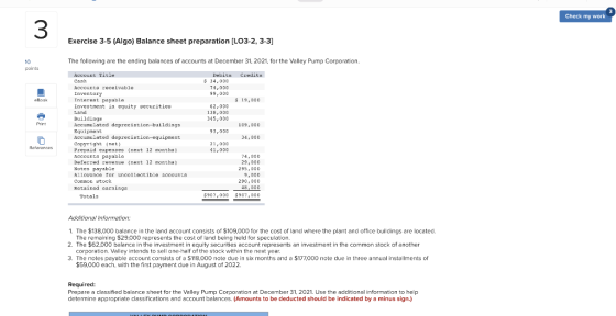 Check my work 3 Exercise 3-5 (Algo) Balance sheet preparation [LO3-2, 3-3] The following are the ending balances of accounts