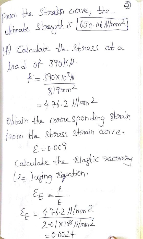 Faom the Stnain cve, the 0 06 NImm 위 = 103N 19mm2 426-2 mm oHaih the comore sponding ih o the hass a ve 0,009 Calculate th-S!