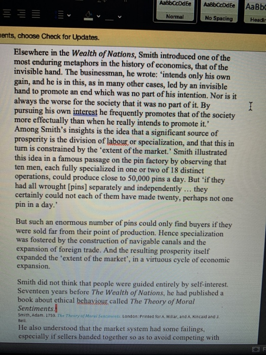 AaBbccde AaBbccd Ee Аавьс Normal No Spacing Headir nents, choose Check for Updates. Elsewhere in the Wealth of Nations, Smith