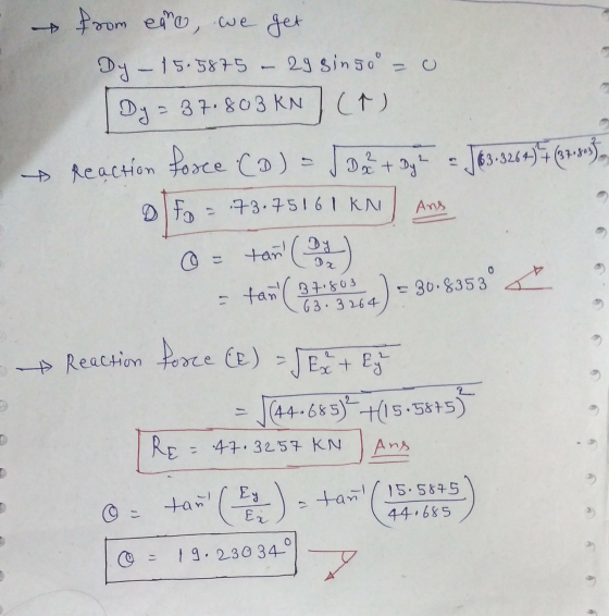 Doč + Dy? - J63-8264-17 (37.5 = 73.7516 I KN Ans from eare, we get Dy - 15.5875 29 singol = 0 Dy = 37.803 KN (r) Reaction for