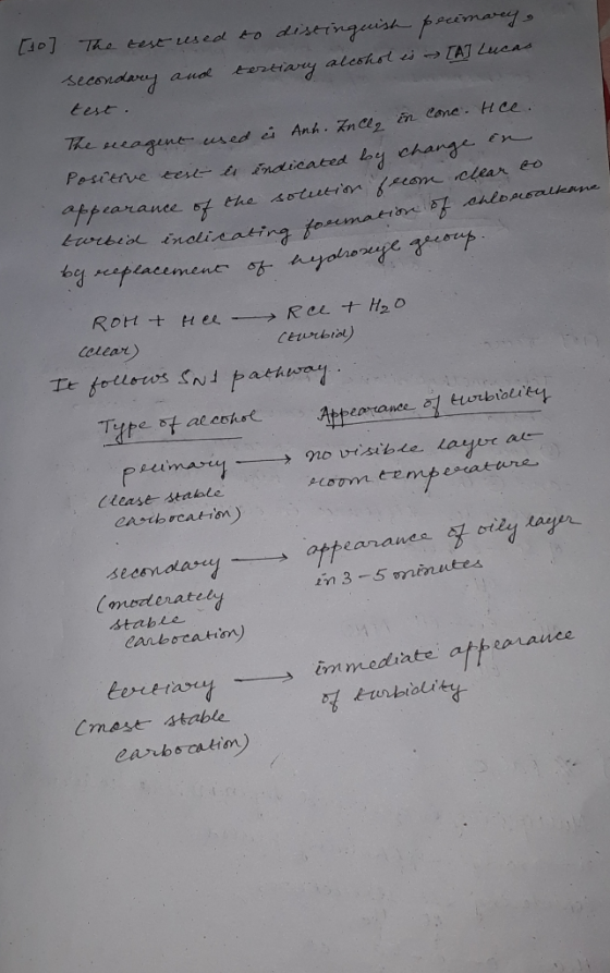 perimarey [A] Lucas [10] The best used to distinguish secondary and tertiary alcohol is test The neagent used is Anh. ZnCl2 i