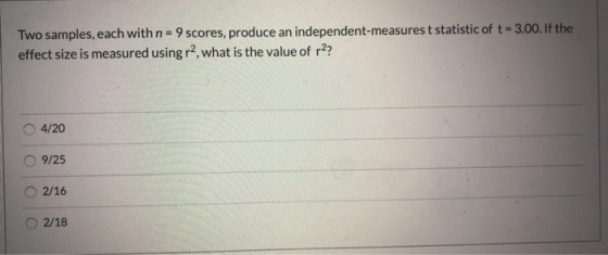Two samples, each with n = 9 scores, produce an independent-measures t statistic of t = 3.00. If the effect size is measured
