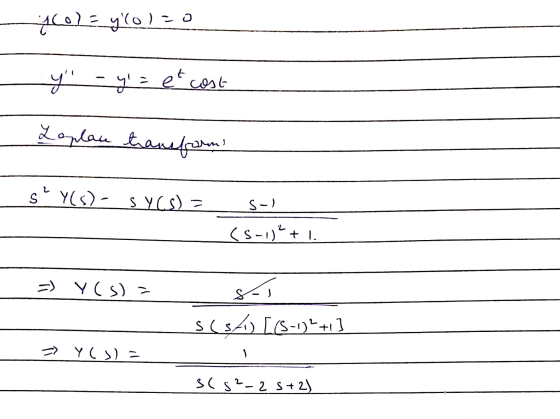 ه - (o) : (مك - - y = et cost Laplace transforms s? Y(S)- SYCS) = S- ) | + را- د) ۸( ۲) ۔ رو 1 +(1-ES (سری )s S - ۸ (۲) ۔