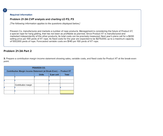 Required information Problem 21-3A CVP analysis and charting LO P2, P3 (The following information applies to the questions di