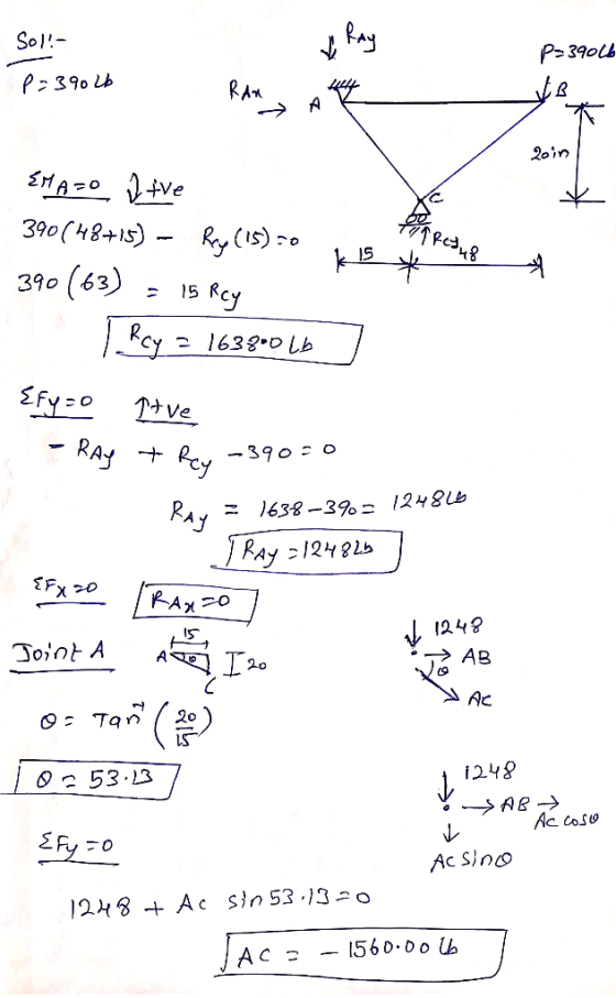 Sol! P: 390 Lb p=39016 P-39026 RAMA Тес, EMAIO I tve 390(48+15) – Ry (15)=0 his 390 (63) = 15 Rcy l Rey = 163800 Lb ] {fy=0 I