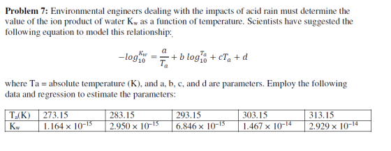Problem 7: Environmental engineers dealing with the impacts of acid rain must determine the value of the ion product of water Kw as a function of temperature. Scientists have suggested the following equation to model this relationship: Kw log1o Ta where Ta absolute temperature (K), and a, b, c, and d are parameters. Employ the following data and regression to estimate the parameters Ta(K) 273.15 Kw 283.15 303.15 015 2.950 x 10 293.15 6.846 x 313.15 1015 1.467 x 10142.929x I.16x 1O 15