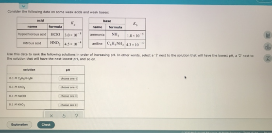 Consider the following data on some weak acids and weak bases: acid name K formula hypochlorous acid HCO 3.0x10 nitrous acid