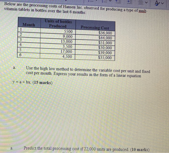 11 ta Below are the processing costs of Hansen Inc. observed for producing a type of mult- vitamin tablets in bottles over th
