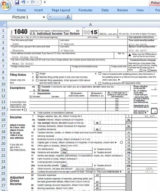 Pictur Insert Formulas Data Review View For Home Picture 1 Page Layout fax 1040 2015 singe A 1 Department of the work U.S. In