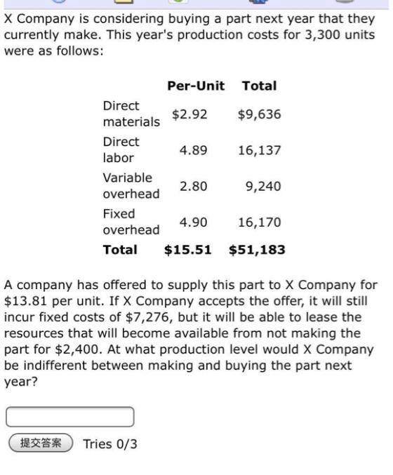 X Company is considering buying a part next year that they currently make. This years production costs for 3,300 units were