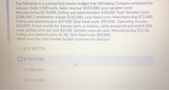 The following is a summarized master budget that Winnipeg Company prepared for January: Sales 9,000 units. Sales revenue $450