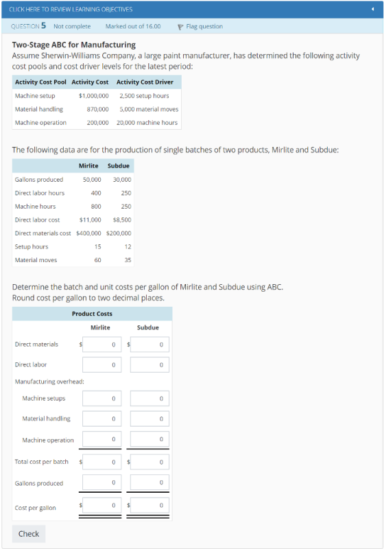 CLICK HERE TO REVIEW LEARNING OBJECTIVES QUESTION 5 Not complete Marked out of 16.00 Flag question Two-Stage ABC for Manufacturing Assume Sherwin-Williams Company, a large paint manufacturer, has determined the following activity cost pools and cost driver levels for the latest period Activity Cost Pool Activity Cost Activity Cost Driver Machine setup Material handling Machine operation $1,000,000 870,000 200,000 2,500 setup hours 5,000 material moves 20,000 machine hours The following data are for the production of single batches of two products, Mirlite and Subdue: Mirlite Subdue Gallons produced Direct labor hours Machine hours Direct labor cost Direct materials cost Setup hours Material moves 50,000 30,000 250 250 $11,000 $8,500 $200,000 12 35 400 800 $400,000 Determine the batch and unit costs per gallon of Mirlite and Subdue using ABC. Round cost per gallon to two decimal places. Product Costs Mirlite Subdue Direct materials Direct labor 0 Manufacturing overhead: Machine setups 0 Material handling Machine operation Total cost per batch Gallons produced 0 Cost per gallon Check