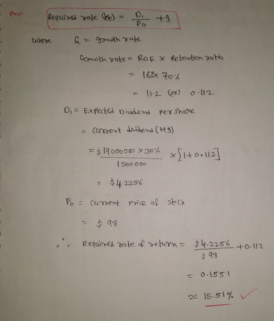 the required rate Ke) = Da +9 where a = growth rate Growth rate= ROEX Retention satio = 1678 70% - 11.2 (or) 0.112 DI = Expec