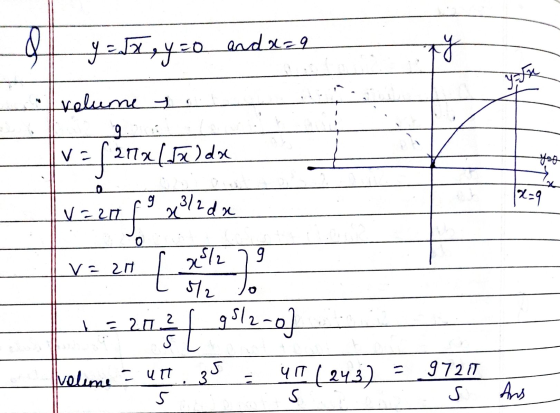 y = x , y =0 andx=9 ty yofu volume 9 v = (27x(50) da efem ១ x=9 x3/2dx V = 20 f o 9 V. 21 x/2 512 9.-) Ls 2012 202 | کی 35 vo