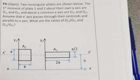 P4 (10pts): Two rectangular plates are shown below. The 1st moment of plate 1 and 2 about their own y axis are Oiy and Ozy and about a common x axis are Oix and O2x. Assume that x axis passes through their centroids and parallel to x axis. What are the ratios of O1y/Ozy and Y2 A1 a/2 X a 2a