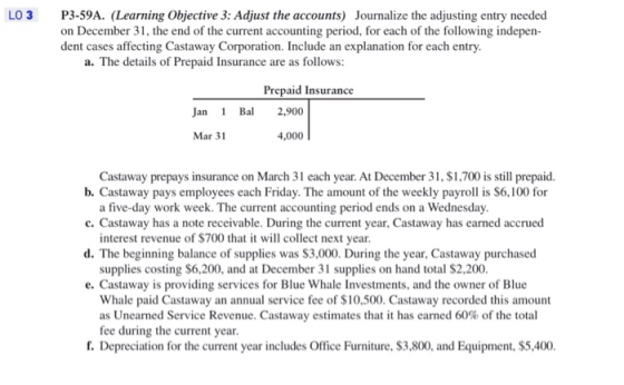 LO3 P3-59A. (Learning Objective 3: Adjust the accounts) Journalize the adjusting entry needed on December 31, the end of the